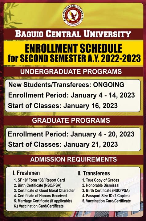 baguio central university admission 2024 2025|ENROLLMENT SCHEDULE FOR 2ND .